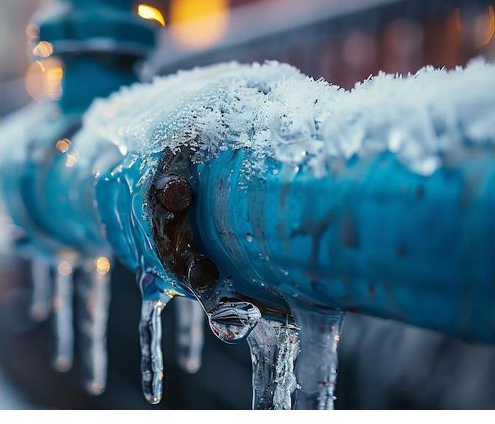 A close-up image of a frozen blue pipe with icicles and frost, highlighting the effects of extreme cold weather on plumbing.