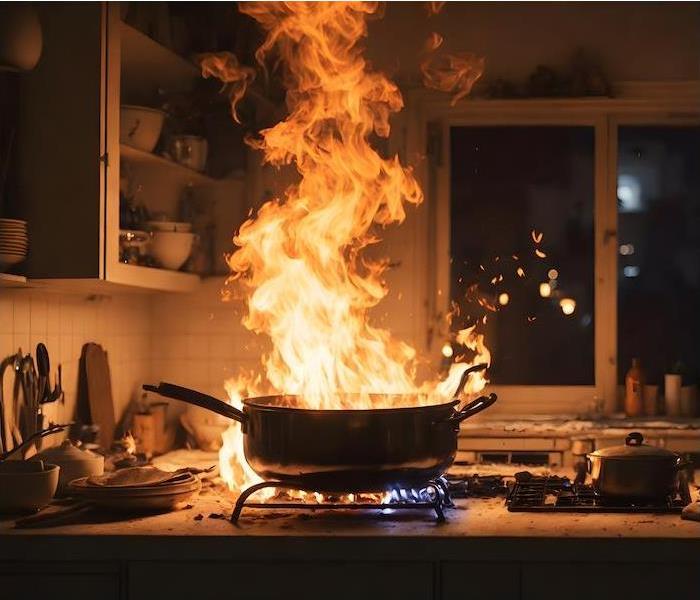 pan on kitchen counter in residence ablaze while unattended